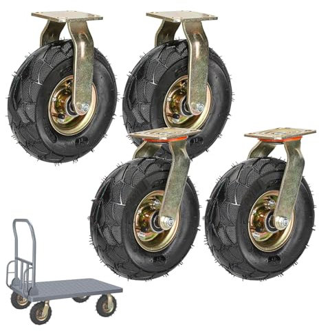 Hochleistungs-Industrie-Lenkrolle, 8 Zoll, 10 Zoll, Plattenrollen, 4er-Set, bewegliche, geräuschlose, stoßdämpfende pneumatische Gummi-Bockrolle mit Bremsen, Lenkrolle (Farbe: Fest + Lenkbar
