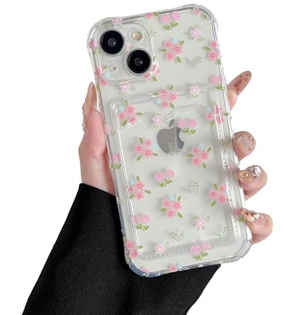 DEFBSC for iPhone 15 Clear Case with Card Holder, Small Flower | Cute Floral Pattern Design Transparent Card Slot Back Wallet Phone Case,Ultra Slim Soft TPU Shockproof Cover for Women Girls
