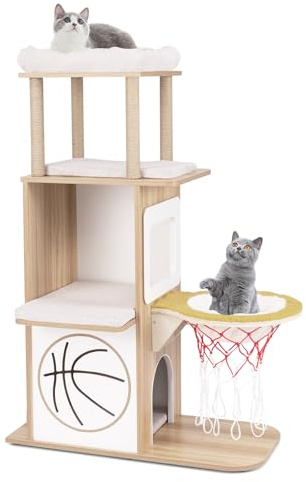 COSTWAY Kratzbaum Holz 120 cm, Katzenbaum mit Hängematte in Basketballkorb-Stil & 2-stöckigem Katzenhaus & 2 Plattformen und Kissen, Katzenkratzbaum Klein, Kletterbaum Katzen Katzenmöbel, Natur