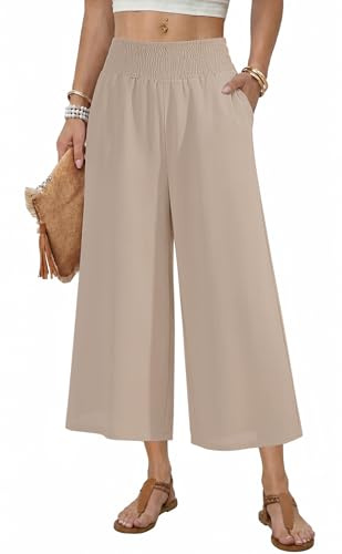 HMIYA Damen 3/4 Culotte Hose Leichte und Luftig Sommerhose Weites Bein Stoffhose,Khaki,M