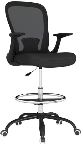 HOMCOM Silla de dibujo, silla de oficina alta ergonómica con reposabrazos abatible, respaldo de malla, soporte lumbar, anillo de pie ajustable, ruedas giratorias, para escritorio de pie, color negro