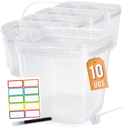 Üka 10er Pack Transparente Eimer aus Polypropylen 5,4 L – 20x20x20,5 cm. | Leere Eimer aus Robustem Kunststoff mit Deckel. Luftdichte Lebensmittelbehälter. Mit Henkel, Stapelbar Und Frei von BPA.