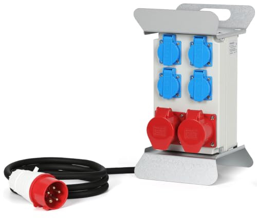 Hebitod Distributore di corrente di costruzione, 2 x CEE 16 A 400 V + 4 x 230 V Schuko IP44 5 poli con cavo di alimentazione da 2,5 m con coperchio di sicurezza per cantieri