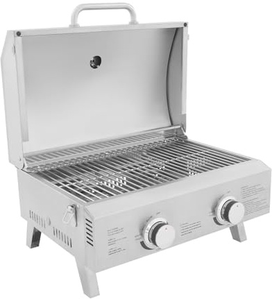 Barbecue à gaz portable à 2 brûleurs en acier inoxydable avec thermomètre et couvercle pour camping, pique-nique, barbecue