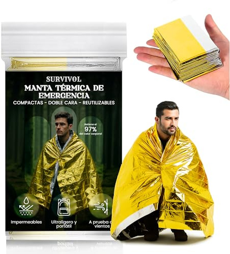 SURVIVOL - Pack de 10 Couvertures Thermiques de Survie - Couvertures de Chaleur Thermique d'Urgence en Aluminium - Couverture d'Urgence pour Kit de Préparation, Résistance au Vent et à la Pluie.