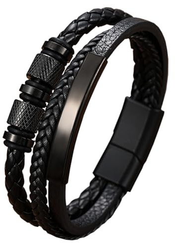 PacuM Pulsera Hombre Cuero Negro Pulsera Cuero Hombre PU Pulseira Homem Acero Titanio Accesorios Moda Tendencia Bracelet Tejido para San Valentín Día Del Padre Regalos Cumpleaños