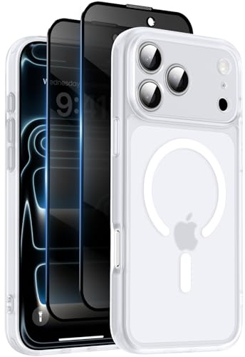 HeIssitot for iPhone 17 Pro Case, Privacy Screen Protectors X2, White | Compatible with MagSafe, Camera Protection, 15FT Military Drop Protection, Translucent Matte Shockproof Phone Cover