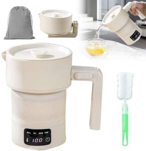 Klein Faltbarer Wasserkocher 0.6L - Camping Wasserkocher Faltbar,Reisewasserkocher Faltbar mit Schutz vor Trockenlauf,1000W,BPA-frei 316 Edelstahlboden