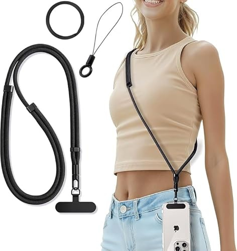 Casecret Cordon Telephone Portable Tour de Cou Universelle avec Patch Collier de Longe Porte-clés Sangles réglables en Nylon pour iPhone 17 Pro 16 Samsung Sport, Voyage, Outdoor Homme Femme Noir