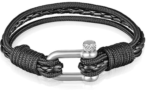 Nauitiskt Armband Män Paracord Flätat Läder Svart