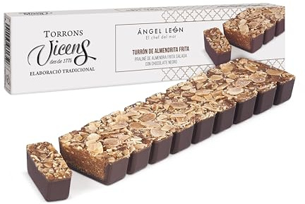 Turrón de Almendra Frita by Ángel León 300g en Estuche – Torrons Vicens | Turrón gourmet de almendra salada con chocolate negro | Contraste intenso y textura crujiente con sabor innovador