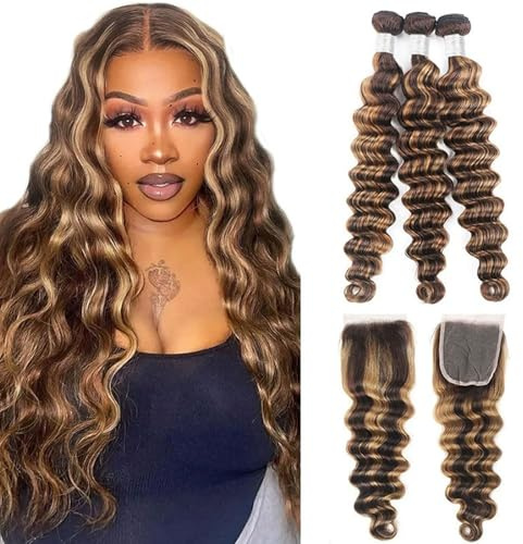 FUIBEJAE #P4/27 Bundles de cabello humano suelto con ondas profundas, 3 paquetes con cierre de encaje, cabello virgen brasileño suelto con ondas profundas, cabello para mujeres,12 14 16+12closure