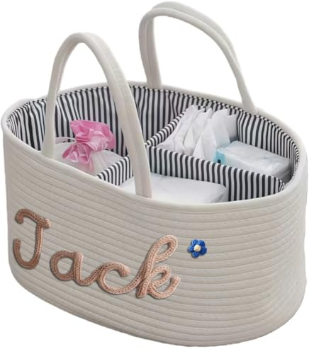 Cesto Regalo Personalizzato Per Baby Shower Con Nome, Cestino Portaoggetti Per La Cameretta In Corda Di Cotone Per Organizzare Pannolini, Salviette E Articoli Essenziali Per Neonati(White)