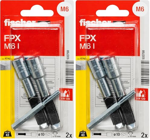 fischer Porenbetonanker FPX-I M6, Innengewindeanker mit 4-fach-Spreizung für Befestigungen in Porenbeton, einfache Montage, hohe Tragfähigkeit, ETA-zugelassen, 2 Stück, inklusive Setzwerkzeug