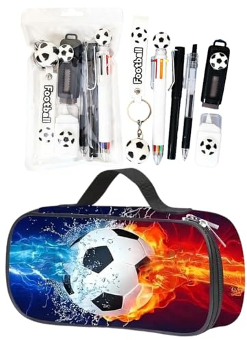 Fußball Schreibwaren Set, Großes Federmäppchen mit Fußballs, Fußball-Schlüsselanhänger Kugelschreiber Bleistift Radiergummi, Geburtstags Geschenke für Kinder Geschenke zum Schulanfang (Schwarz)