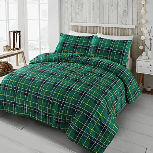 L S U Luxury Tartan Flannel Duvet Cover 100% Brushed Cotton Soft & Cozy Winter Bedding Set with Pillowcase (single green duvet only)