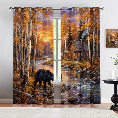 VELOMEA Vorhänge Herbstwald Landschaft mit Schwarzbär & Hütte, Romantischer Sonnenuntergang am Fluss, Ölgemälde Stil Gardine, Verdunkelung Ösenschal Polyester