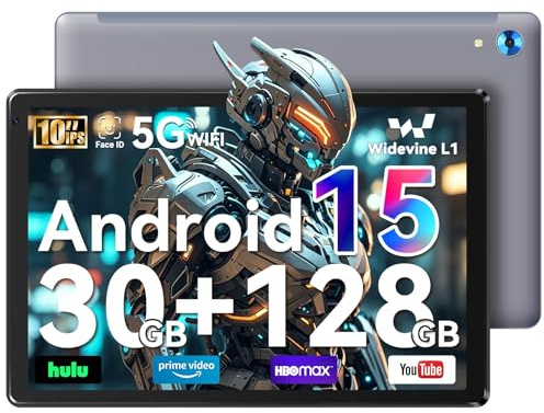 Whitedeer 10 inch Android 15 Tablet, Android Tablet with 30GB+128GB+1TB, Face ID, 5MP 8MP Camera, Split Screen, 1280x800 IPS Display, 5000mAh Battery, WiFi 6 5G 2.4G, Bluetooth 5.3, Widevine L1, Gray