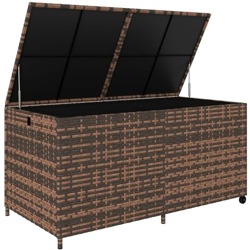 Outsunny 650L Extra Large Garden Storage Box with 2 Wheels, Rattan Deck Box with Waterproof Zipped Liner, Safe Pneumatic Rods, Patio Rattan Storage Container for Backyard Gardening Tools, Mixed Brown
