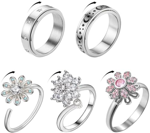 HTTDSLF 5 Stück Fidget Ring Damen Mädchen, Verstellbare Anti Stress Ring, Silber Anxiety Ringe für Damen, Linderung von Ängsten Anxiety Rings, Offener Spinner Fidget Ringe für Mädchen und Frauen