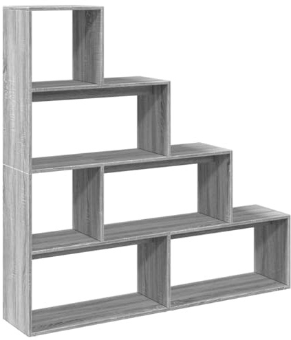 Mhdvray Scaffale divisorio grigio Sonoma a 4 livelli, scaffale a scale in legno per soggiorno e ufficio, scaffale divisorio con scomparti portaoggetti, 143,5 x 29 x 143,5 cm