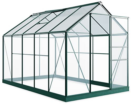 BillyOh 6 x 10 aluminiumväxthus med polykarbonatglasering | Walk-In metallram trädgård grönt hus med takventiler och basrosett hobby