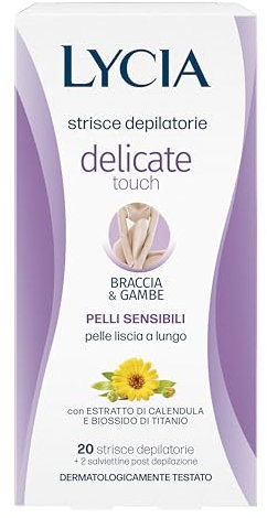 Lycia, Strisce Depilatorie Braccia e Gambe per Pelle Sensibile con Estratto di Calendula Lenitivo ed Emolliente, Senza Profumo e Conservanti, Delicate Touch, 20 Strisce + 2 Salviette Post Depilazione