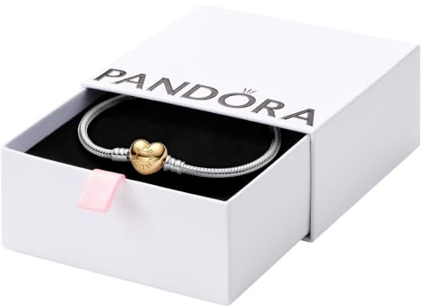 PANDORA Moments Schlangen-Gliederarmband mit Herz-Verschluss aus Sterling-Silber und vergoldeter Metalllegierung, kompatibel mit Charms und Anhängern aus der Moments Kollektion, Größe: 18cm