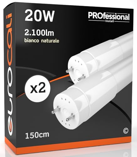 Eurocali Tubi LED 150cm G13 T8 20W Professionale Garanzia 5 Anni 2100 lumen - Luce Bianco Naturale 4000K - Fascio Luminoso 160° - Sostituzione Neon - Pacco da 2