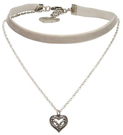 Alpenflüstern Trachten-Samt-Kropfband Trachtenherz-Kette Hirsch - nostalgische Trachtenkette enganliegend, Kropfkette elastisch, Damen-Trachtenschmuck, Samtkropfband schmal grau DHK267