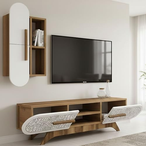 Dmora Parete attrezzata Nemb, Composizione soggiorno, Mobile salotto Multiuso, Armadio Porta TV, 145x35h37 cm, Noce e Bianco