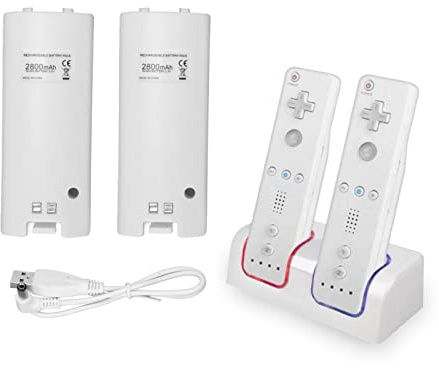 Yunseity Doppelte Ladestation für Wii/Wii U-Fernbedienung, Ladestation mit 2er-Pack 2800-mAh-Akku(Weiß)