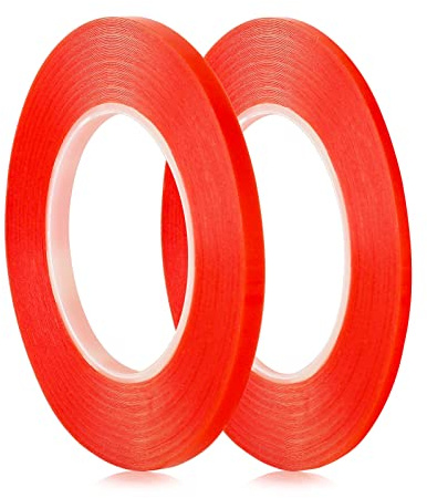3mm / 6mm x 33m Double Sided Red Line Repair Adhesive Tape, 2 Rolls Heat Resistant High Adhesion Transparent Acrylic Tape,High tack Strong Hold for School Home Crafts Glitter Foiling Microbeads