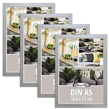 Close Up Bilderrahmen 4er Set DIN A5 (14,8 x 21 cm) | Holzdekor (MDF) Silber mit Rückwand und Aufsteller | PVC-Scheibe (unzerbrechlich) Profilbreite 15 mm