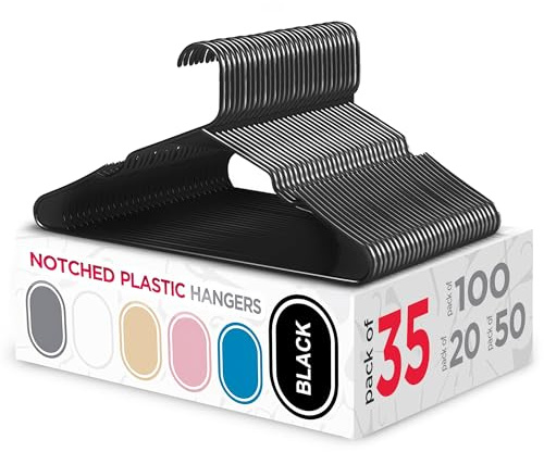 Sharpty Plastic Hangers Clothes Hangers for Clothing, Closet, Coats & Shirts - Notched, Durable & Space Saving - For Everyday Standard Use, Room Essentials & Basics - 35 Pack – Black