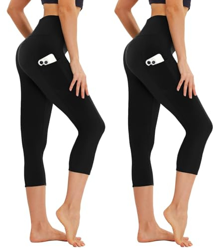 AMIYOYO Leggings Capri para mujer con bolsillos, 3/4, cintura alta, pantalones cortos de deporte, opacos, pantalones de yoga 7/8, elásticos, para verano, gimnasio, 2 unidades, 2 negros., 44-50