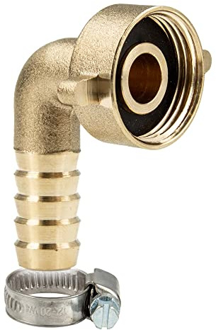 tecuro Schlauchverschraubung 3/4 Zoll ÜWM x 90° Tülle Ø 10 mm – Messing blank, langlebige Winkelschlauchtülle, inkl. Schelle W4 10-16 mm