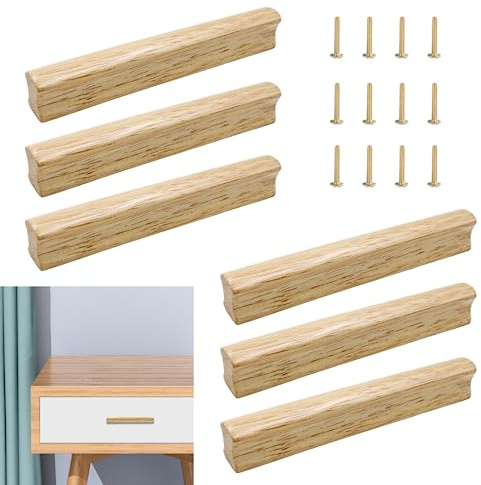 MIPIACE 6 Pièces Poignée Meuble Bois 128mm, Poignée Tiroir Bois, Poignet Armoire Boisé, Poignée d’Armoire de Cuisine, Poignées Chêne Clair, Poignée Boisé pour Bureaux Tiroirs Armoires Placard