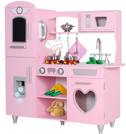 TaoHFE LED Upgrade Kitchen Set for Kids Wooden Play Kitchen LED Gas Tray with Sound Toy Kitchen Sets for Girls Gift Enjoy Cooking with Lights and Sounds Pink Kitchen for Toddlers Kids Kitchen Playset