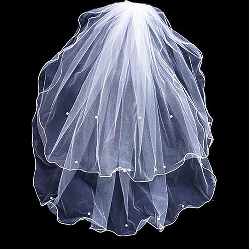 Wambere Doppellagiger Brautschleier mit Perlen,Schleier Kurz Brautschleier Tüll Hochzeit Kurzer Schleier Satinkante mit Kamm Hochzeitskleid Accessoires Schleier für Hochzeiten,Weiss