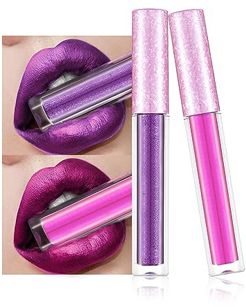 Lip Stick Set,Sexy purple & seductive pink Lipstick Makeup Metallic Light Lipsticks,Lipsticks For Women Long Lasting Waterproof Non-Stick Cup Not Fade Glitter Sexy purple & seductive pink Lipstick
