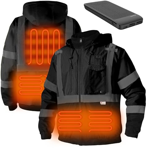 DPSAFETY Safety Heated Jacket,Reflective Heated Jacket,Waterproof CLASS 3 Hi-Vis jacket with Detachable hood, High Visibility Work Construction Coat for men&women (Black 2XL)