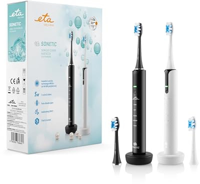 ETA Schallzahnbürsten-Set I Sonetic I 2 x Elektrische Schallzahbürste I Doppelpack I 5 x Reinigungsmodi I 3,7 V Li-Ion-Akku I Timer I IPX7 I 2× Ladeständer I 4 Ersatzköpfe I Schwarz I Weiß