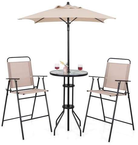COSTWAY Bistrotisch mit 2 klappbaren Stühlen und Sonnenschirm, 4-teilige Balkonmöbel, Balkonset, Gartenmöbel Set, Sitzgarnitur, Sitzgruppe, Gartengarnitur für Garten, Balkon, Poolbereich, Beige