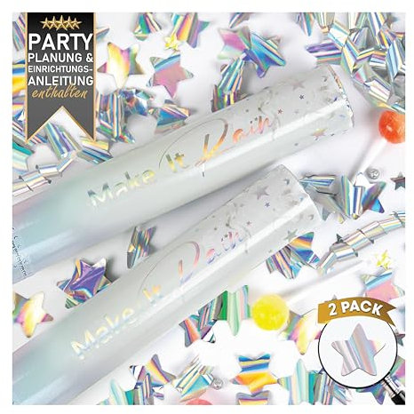 PrimePure Confetti Cannon Party Poppers - Holographic Silver Stars Confetti Poppers - Set of 2 - Pop Gun Party Cannons Supplies for New Years Eve 2026, Wedding, Birthdays, Celebrations, Festivals