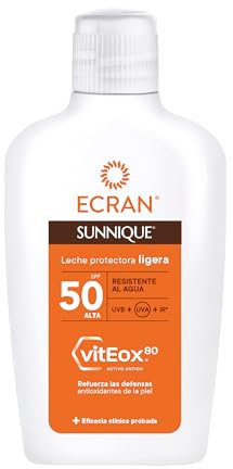 Ecran Sunnique - Leche Protectora Solar FPS 50, Protección UVB + UVA e IR-A, Refuerza las Defensas, Protege la Piel, Hidratación 24 h, Fórmula con VitEox 80, para Toda la Familia - 200 ml