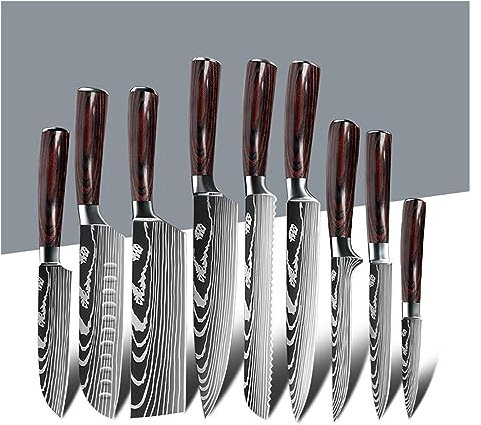 Set di coltelli da chef Coltelli da cucina con motivo Damasco laser in acciaio inossidabile Coltello multiuso Santoku giapponese Mannaia for affettare frutta