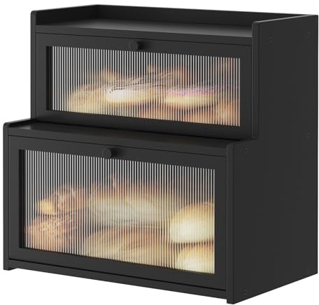 Furshus Double Layer Bamboo Bread Box for Kitchen Counter,Bread Holder,Countertop Bread Storage with Window (Black)