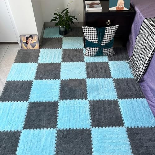 LULUMAIC 48 Stück ineinandergreifende Teppichfliesen, Plüsch-Puzzle-Schaum-Bodenmatte, weiche Teppiche, Spielmatte, für Wohnzimmer, 30,5 cm (blau + grau 0,39 Zoll)