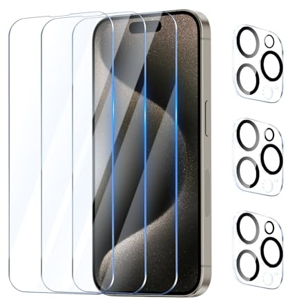 YUXINDZ 3 Pièces Verre Trempé pour iPhone 15 Pro avec 3 Pièces Caméra Arrière Protecteur, Protection Écran Film Vitre Protection Anti Rayures, Sans Bulles, Dureté 9H, HD Glass